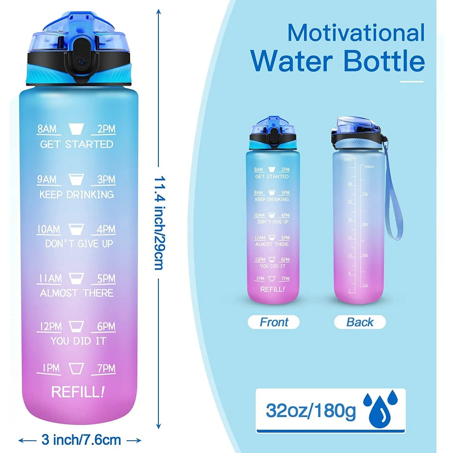 0325 Motivational Water Bottle with Straw & Time Marker, BPA-Free Tritan Portable Gym Water Bottle, Leakproof Reusable, Special Design for Your Sports Activity, Hiking, Camping