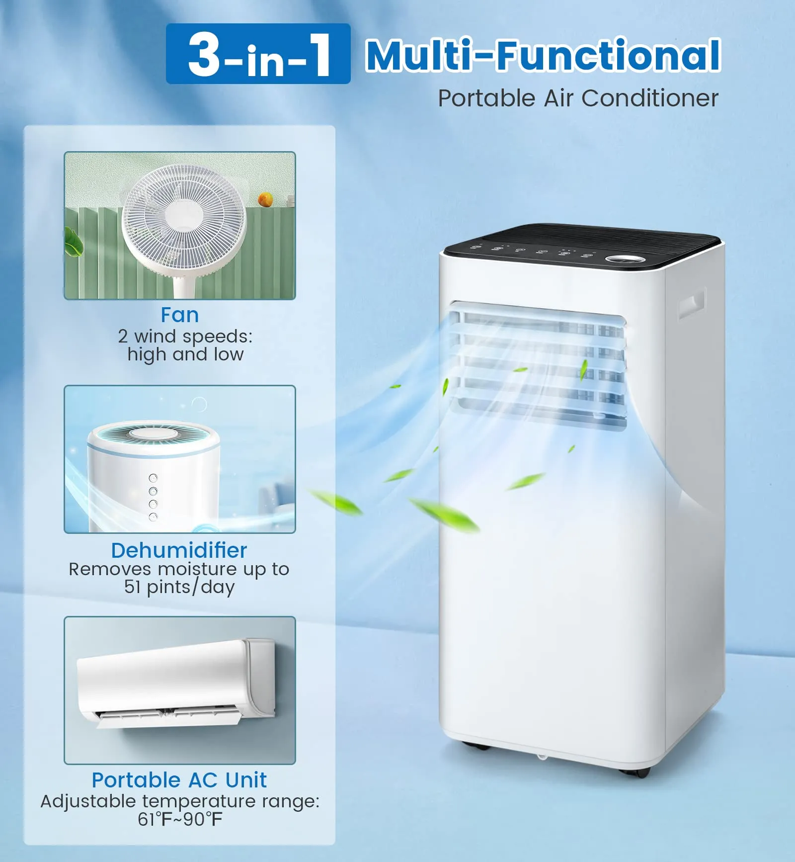 10000 BTU Portable Air Conditioner, with Fan & Dehumidifier Mode, Quiet AC Unit with Sleep Mode