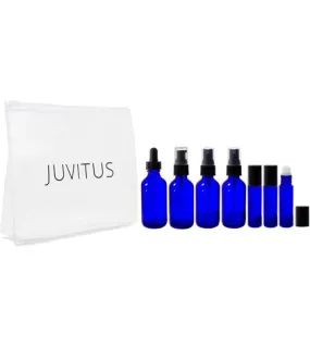 2 oz Cobalt Blue Glass Bottle 12 Piece Starter Kit Set: Includes 3-10 ml roll on Bottles, 2-2 oz Spray Mister, 1-2 oz Treatment Pump, 1-2 oz Dropper Bottle, Travel Bag, Funnels and Pipettes