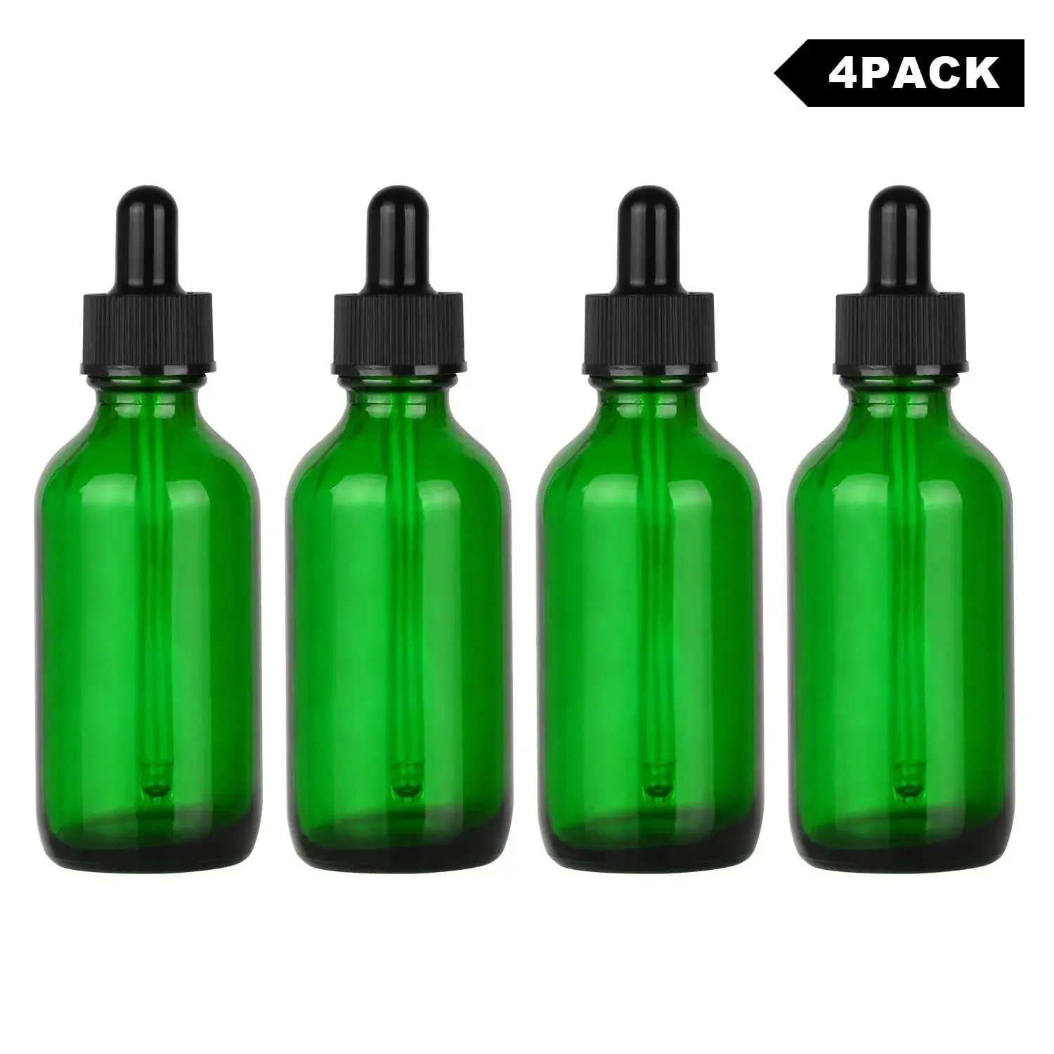 4 Pack Glass Dropper Bottle with Inner Plug and Label (60 ml, Green)