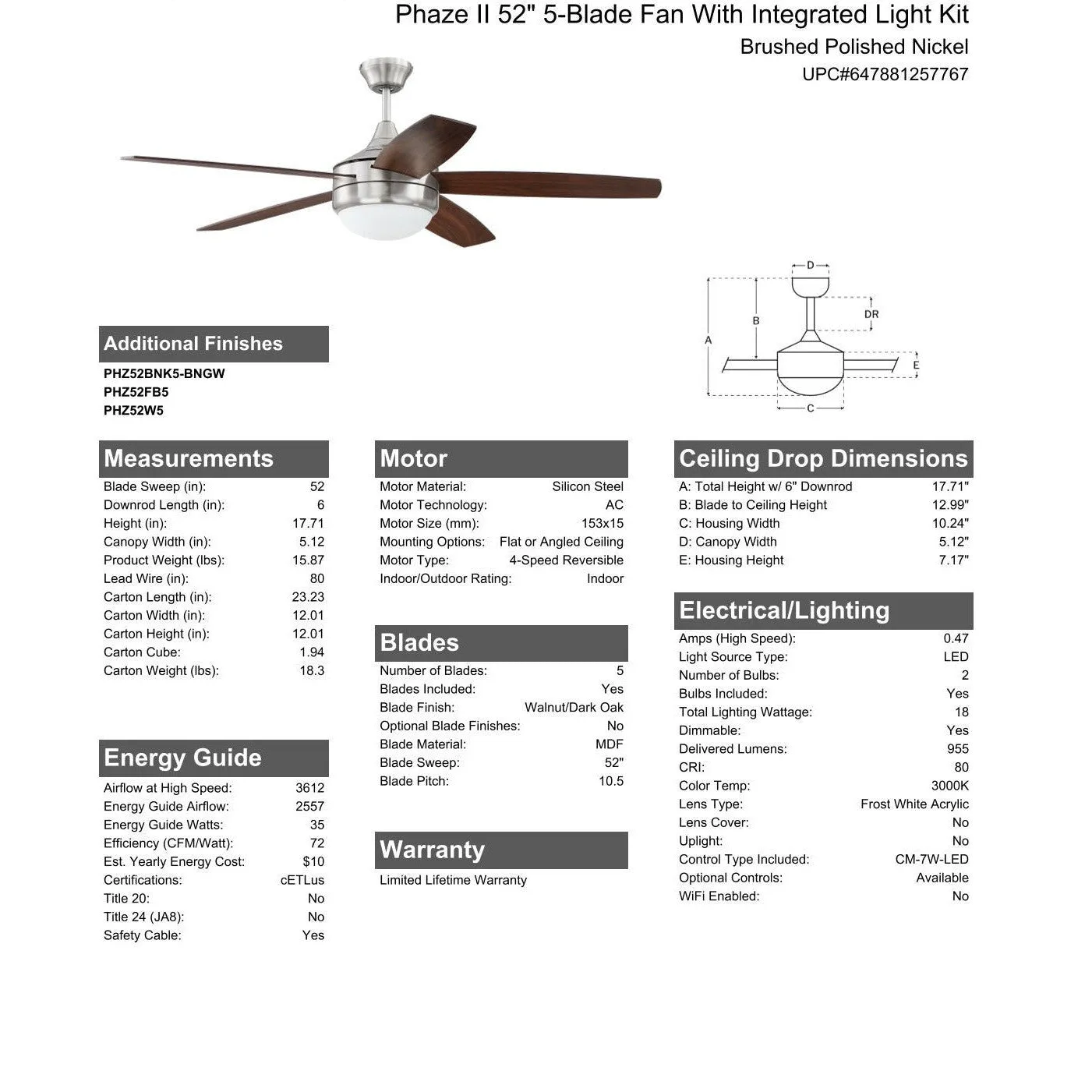 52" Phaze II 5-Blade in Brushed Polished Nickel w/ Walnut/Dark Oak Blades