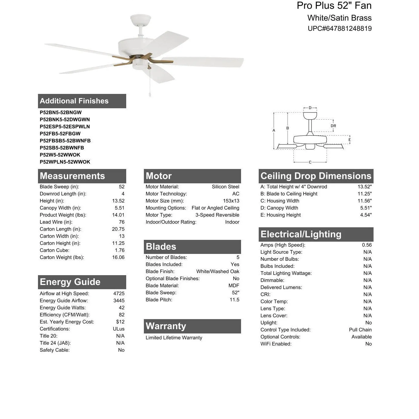 52" Pro Plus  in White/Satin Brass w/ White/Washed Oak Blades