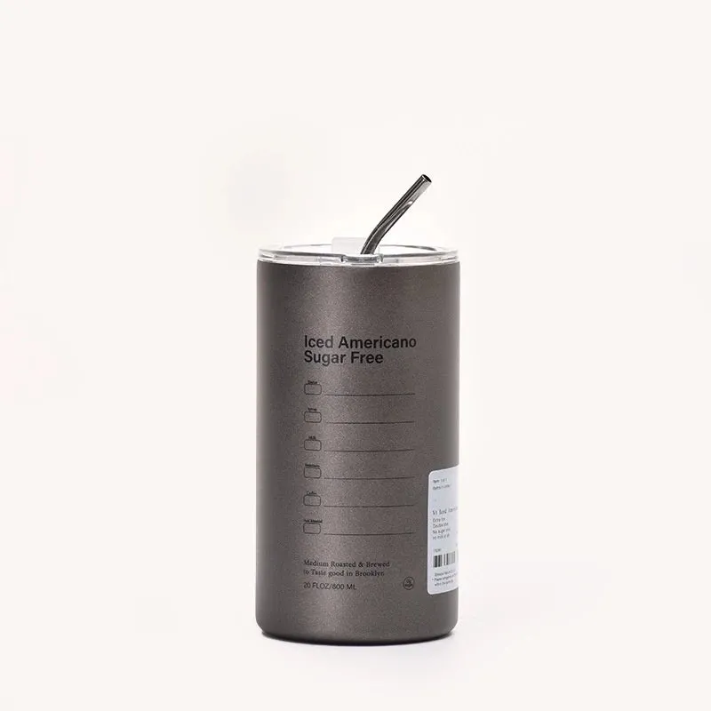 600ml Americano Double-layer Iced Coffee Cup Thermoses Stainless Steel With Straw Vacuum Flask Cup 8.5x16cm