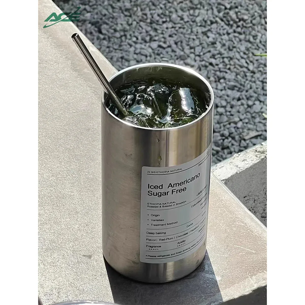 600ml Americano Double-layer Iced Coffee Cup Thermoses Stainless Steel With Straw Vacuum Flask Cup 8.5x16cm