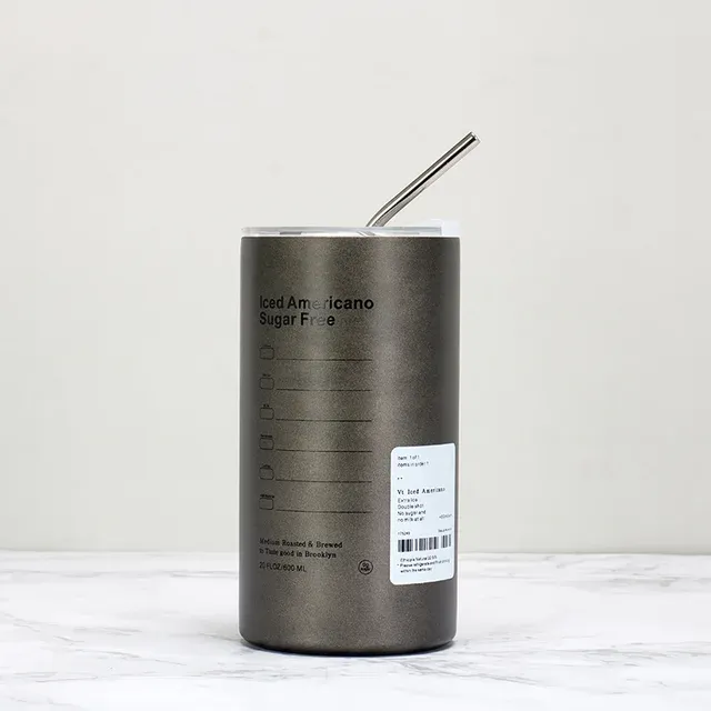 600ml Americano Double-layer Iced Coffee Cup Thermoses Stainless Steel With Straw Vacuum Flask Cup 8.5x16cm