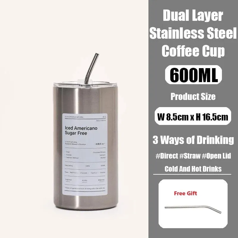 600ml Americano Double-layer Iced Coffee Cup Thermoses Stainless Steel With Straw Vacuum Flask Cup 8.5x16cm