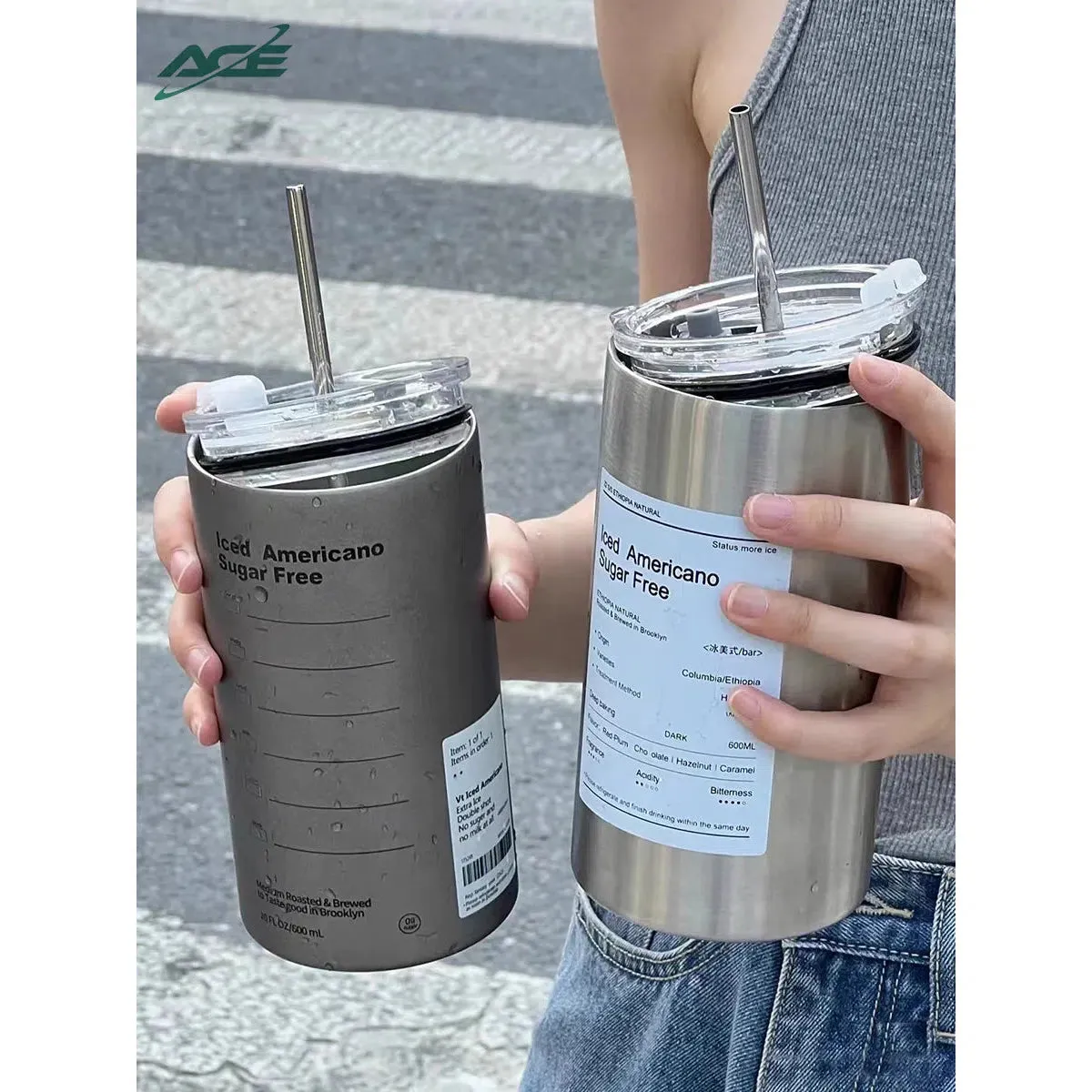 600ml Americano Double-layer Iced Coffee Cup Thermoses Stainless Steel With Straw Vacuum Flask Cup 8.5x16cm