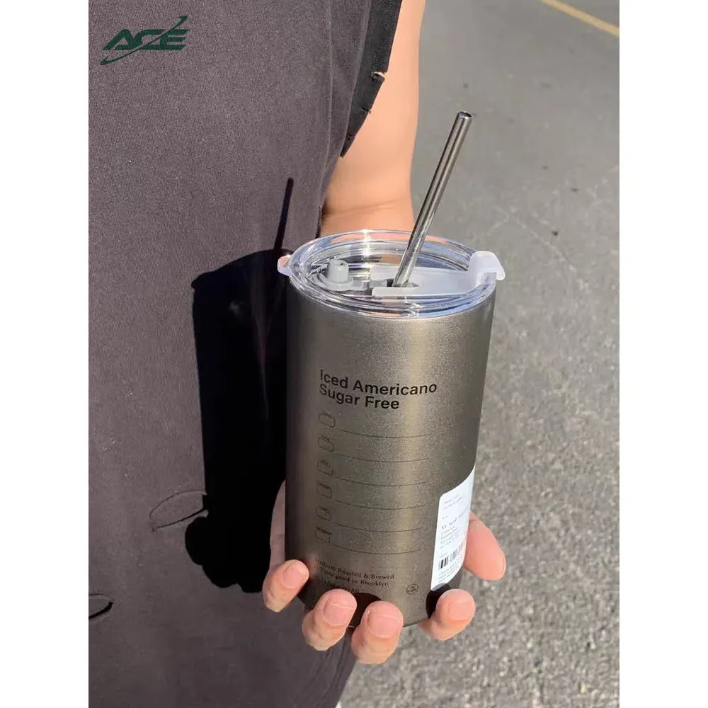 600ml Americano Double-layer Iced Coffee Cup Thermoses Stainless Steel With Straw Vacuum Flask Cup 8.5x16cm