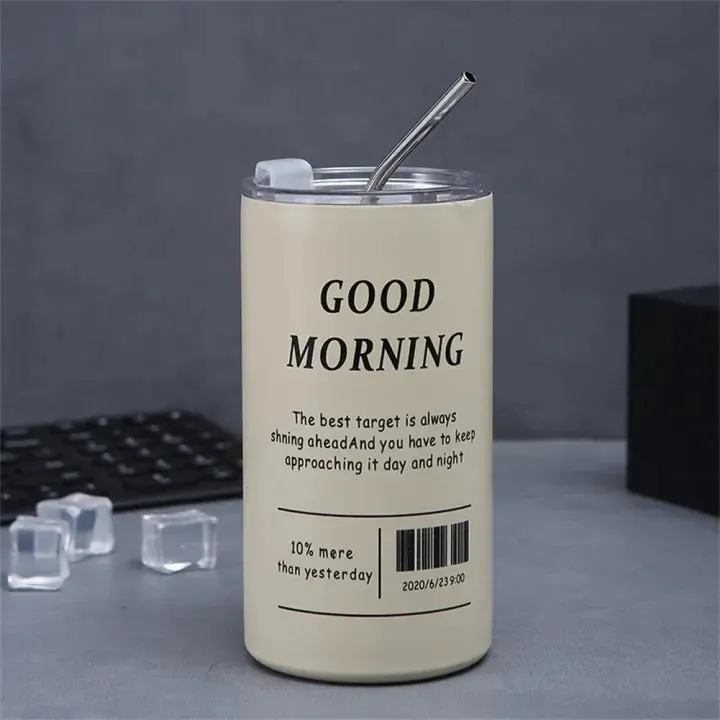 600ml Americano Double-layer Iced Coffee Cup Thermoses Stainless Steel With Straw Vacuum Flask Cup 8.5x16cm