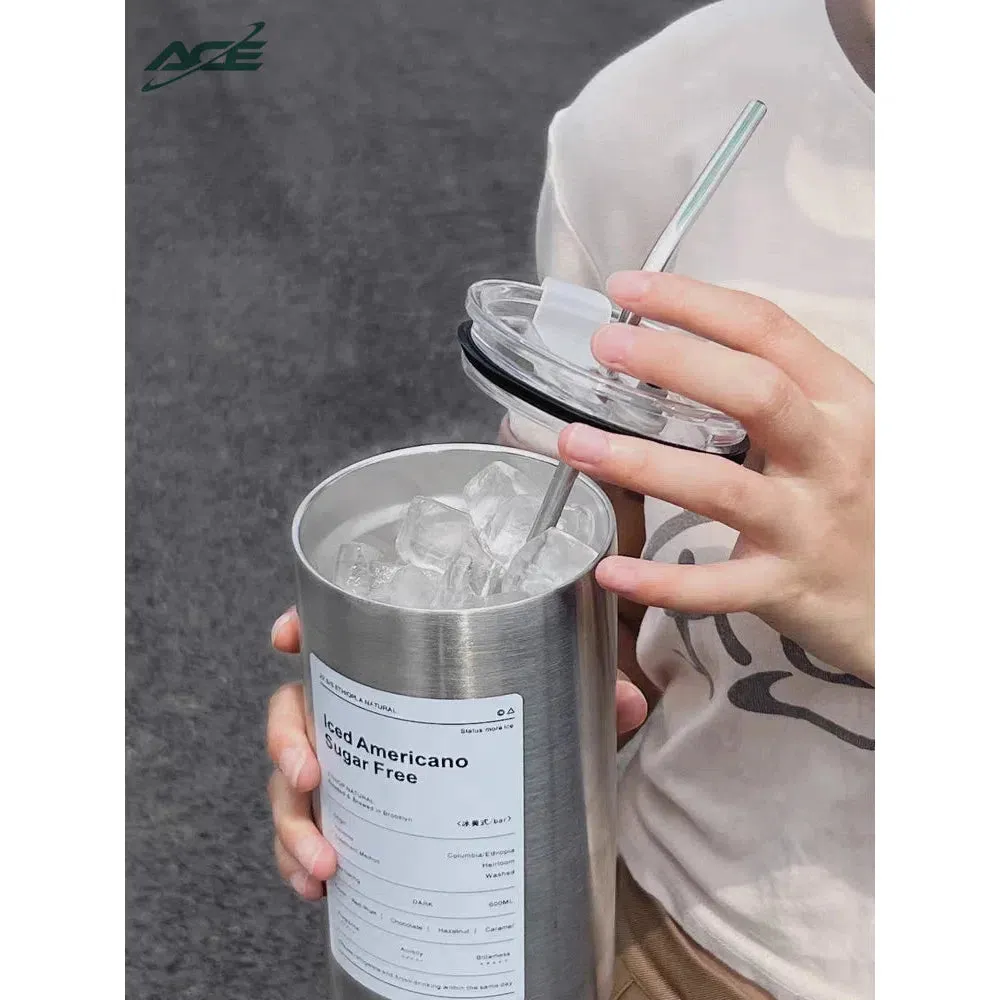 600ml Americano Double-layer Iced Coffee Cup Thermoses Stainless Steel With Straw Vacuum Flask Cup 8.5x16cm