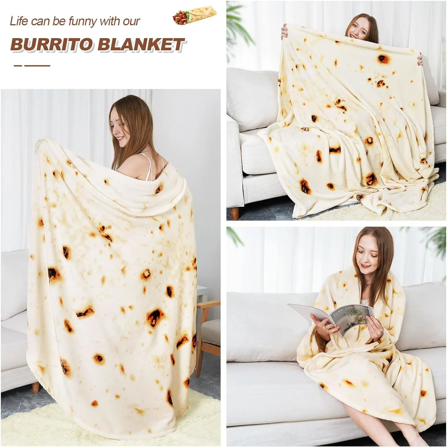 71IN Burritos Double Sided Blankets Adult Size, Tortilla Blanket for Kids, Cool Stuff Gifts for Man and Boys, Novelty Food Wrap Blanket, Taco Blankets for Birthday Gifts White Elephant