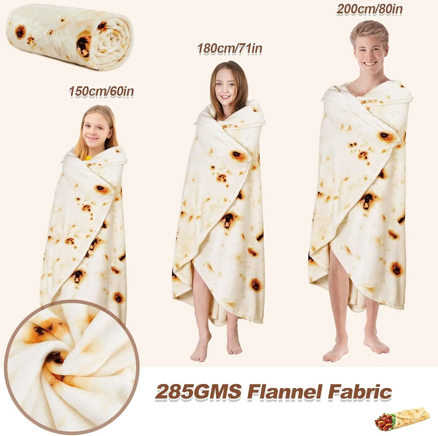 71IN Burritos Double Sided Blankets Adult Size, Tortilla Blanket for Kids, Cool Stuff Gifts for Man and Boys, Novelty Food Wrap Blanket, Taco Blankets for Birthday Gifts White Elephant