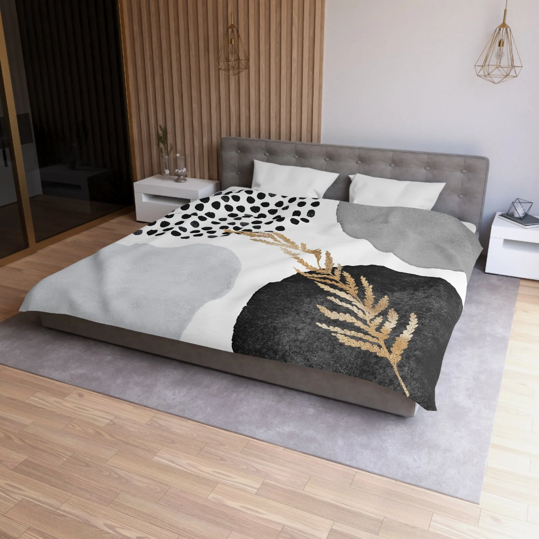 Abstract Duvet Cover | Black, Pale Grey, Gold Leaves, White