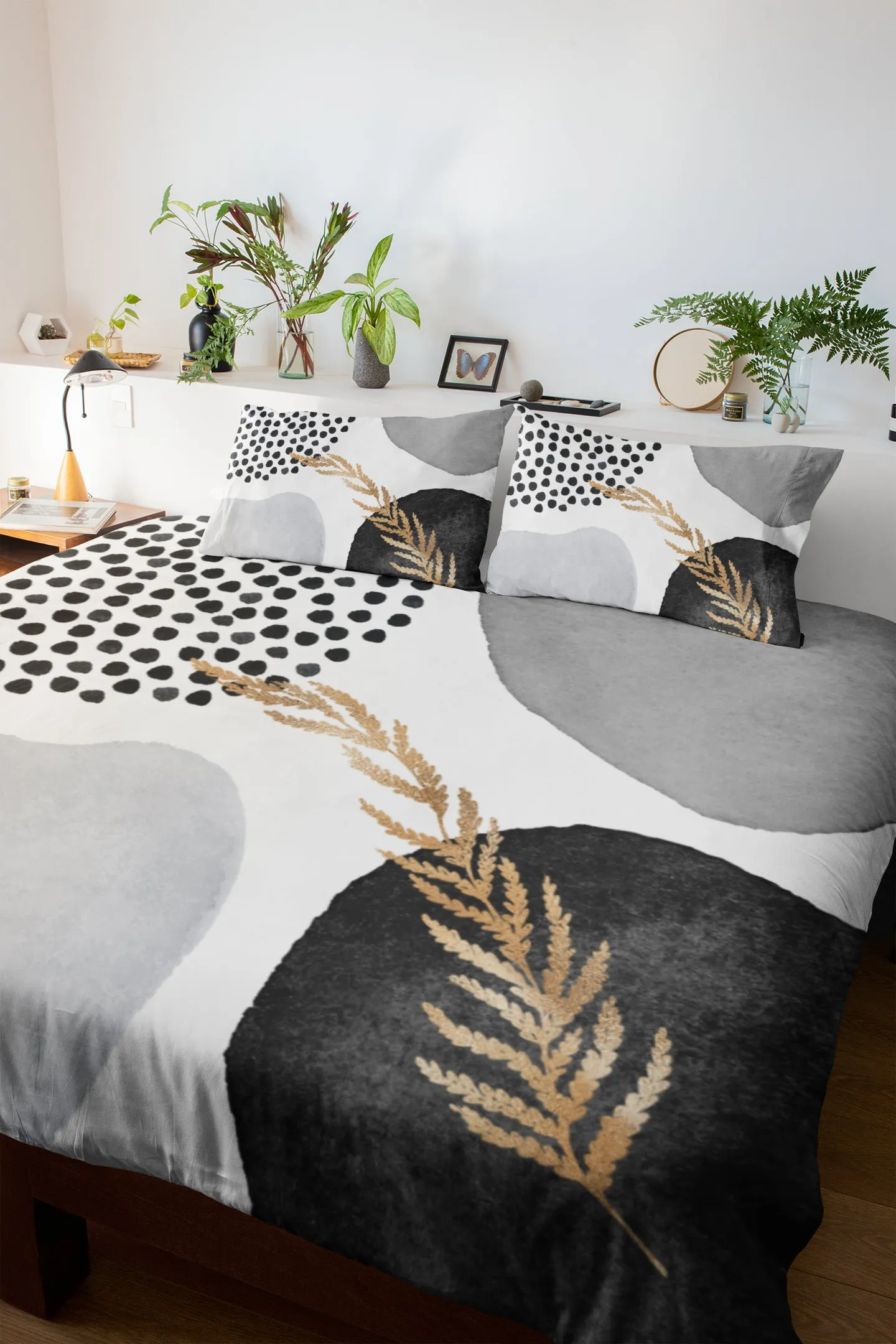 Abstract Duvet Cover | Black, Pale Grey, Gold Leaves, White