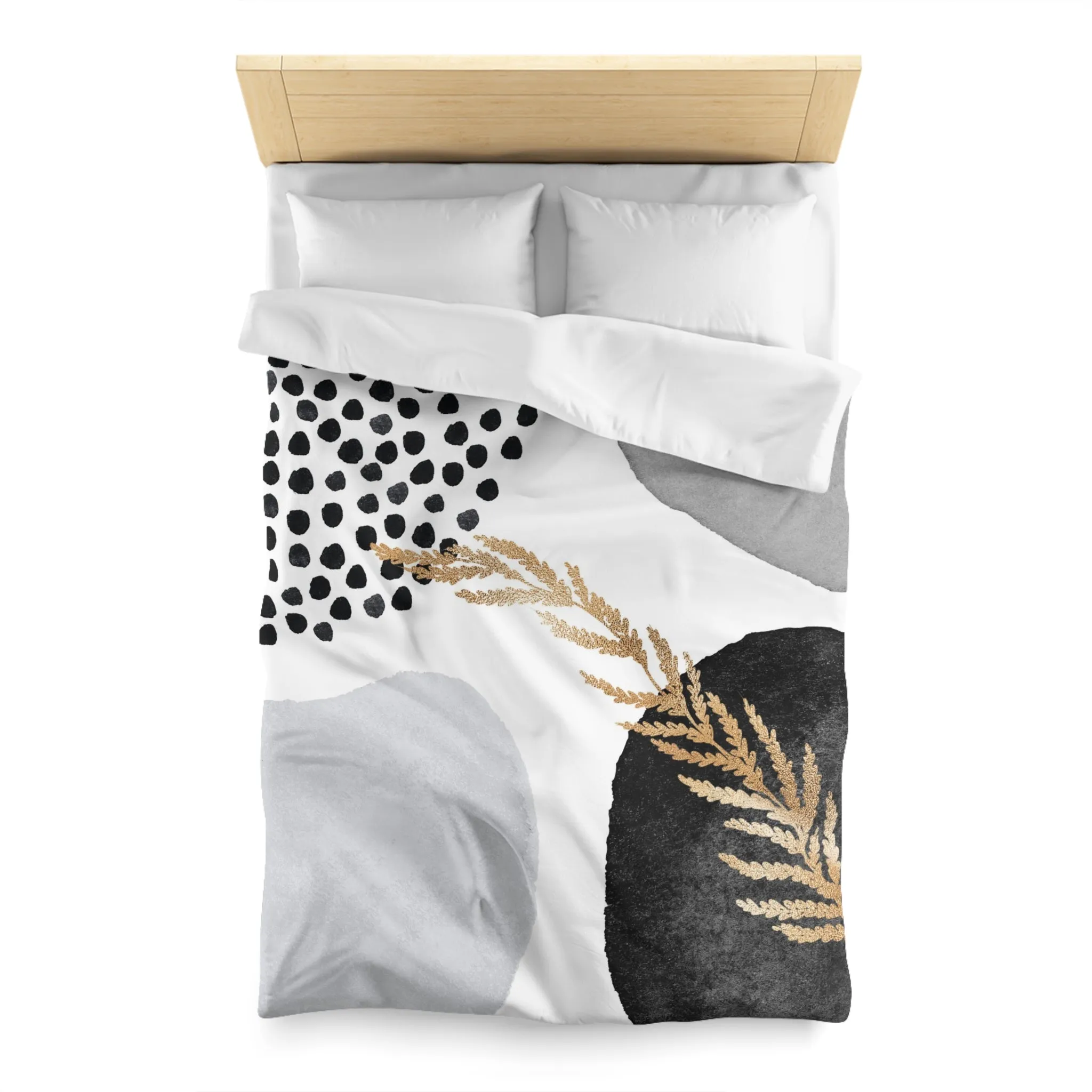 Abstract Duvet Cover | Black, Pale Grey, Gold Leaves, White