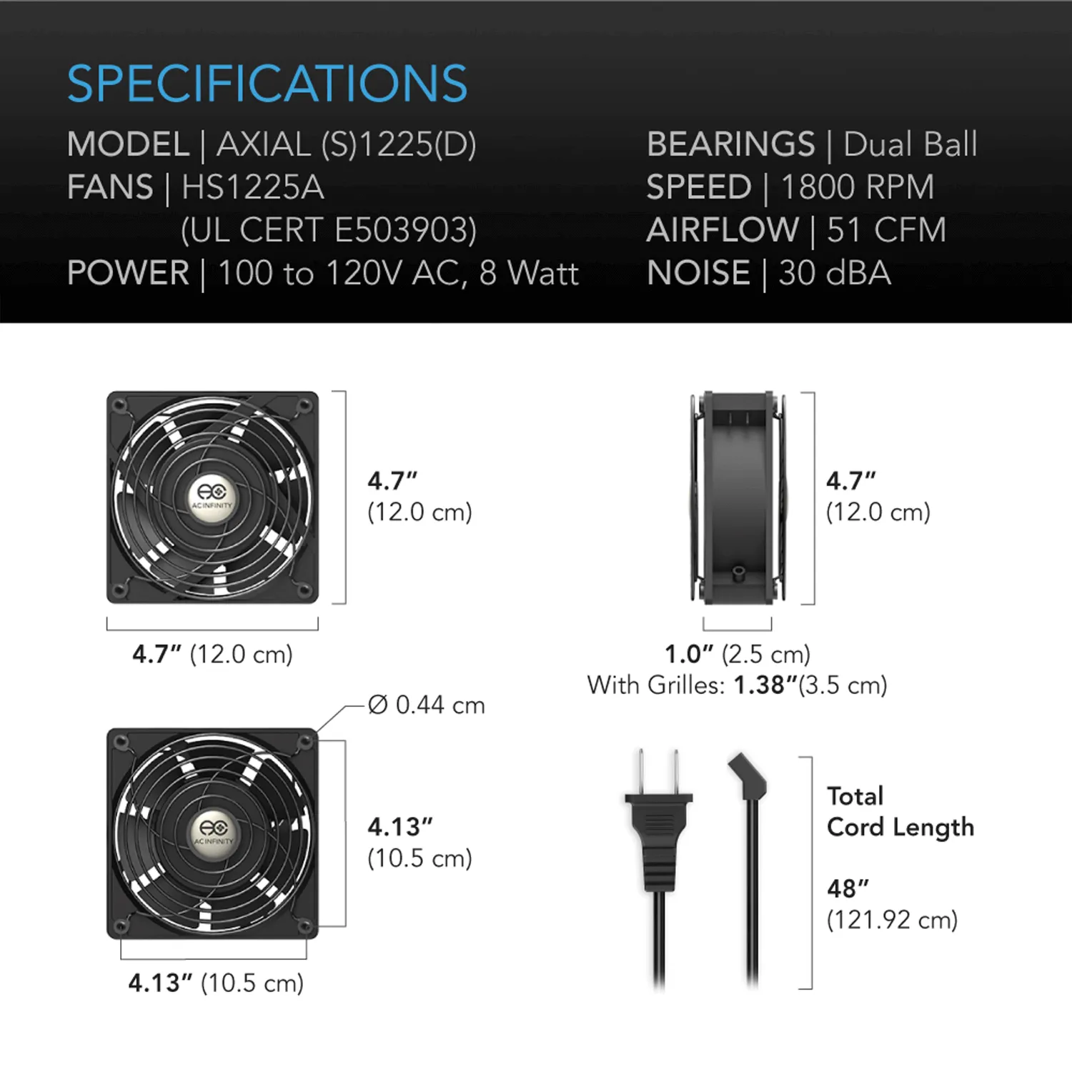 AC Infinity AXIAL S1225, Muffin 120V AC Cooling Fan, 120mm x 120mm x 25mm