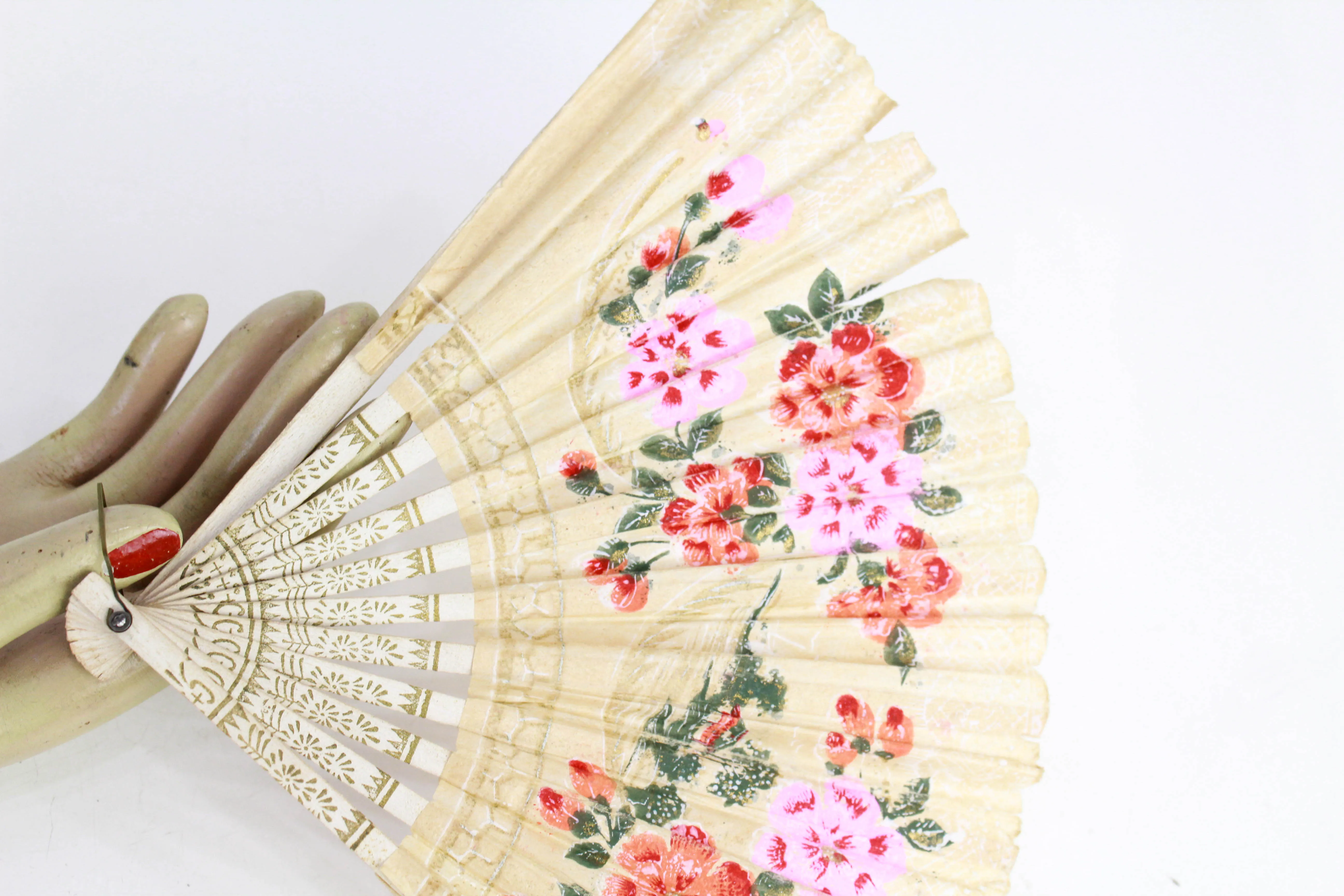 Antique Art Deco Hand Fan, Painted Floral Paper Fan 1920s Cherry Blossoms Painted Wood Frame, Vanity Decor