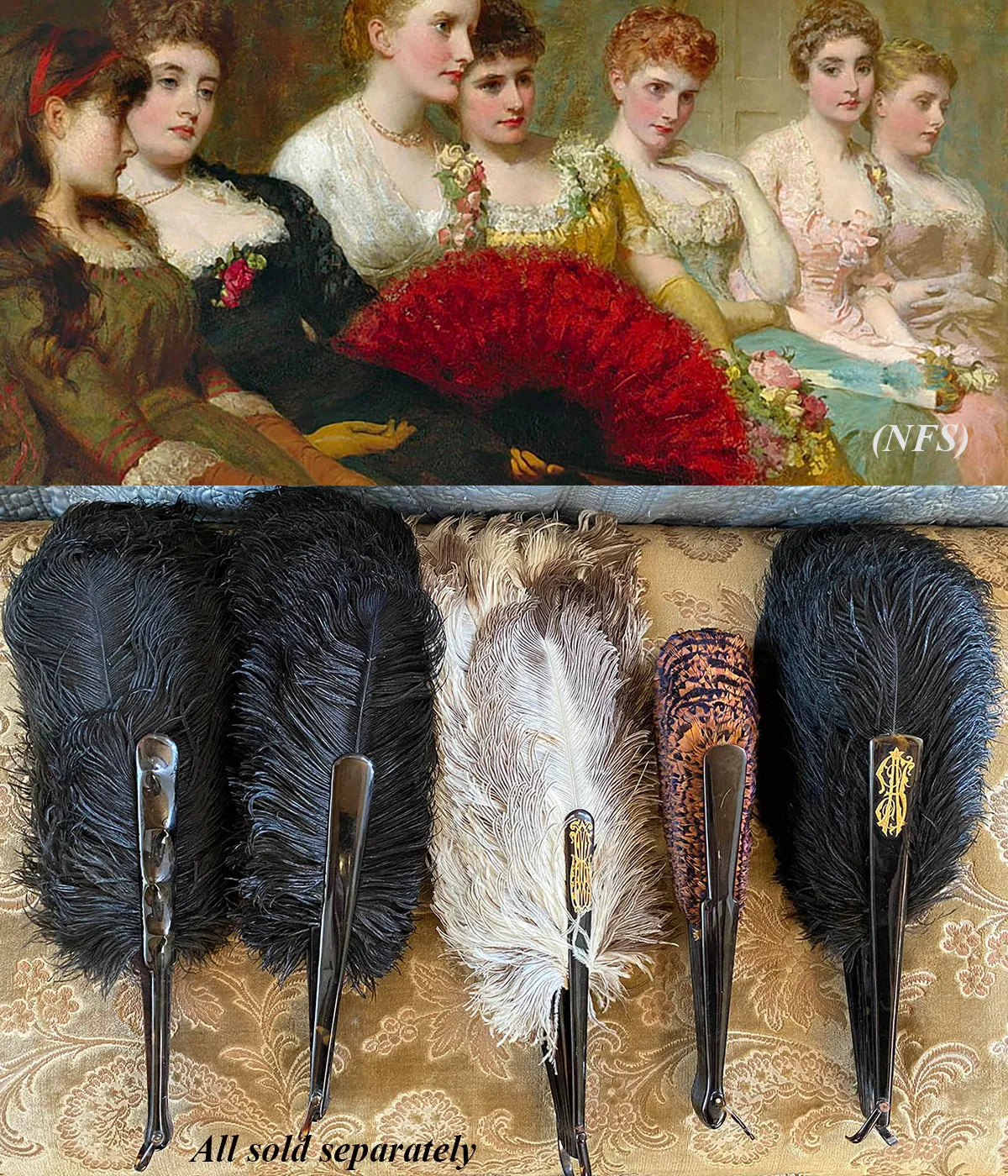 Antique French Hand Fan, 81 cm Span, Black Ostrich Feather and Tortoise Shell Monture, Edwardian