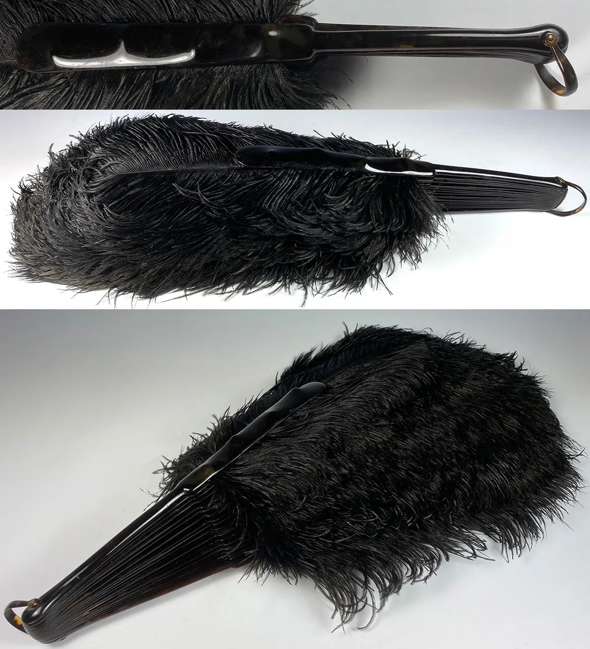 Antique French Hand Fan, 81 cm Span, Black Ostrich Feather and Tortoise Shell Monture, Edwardian