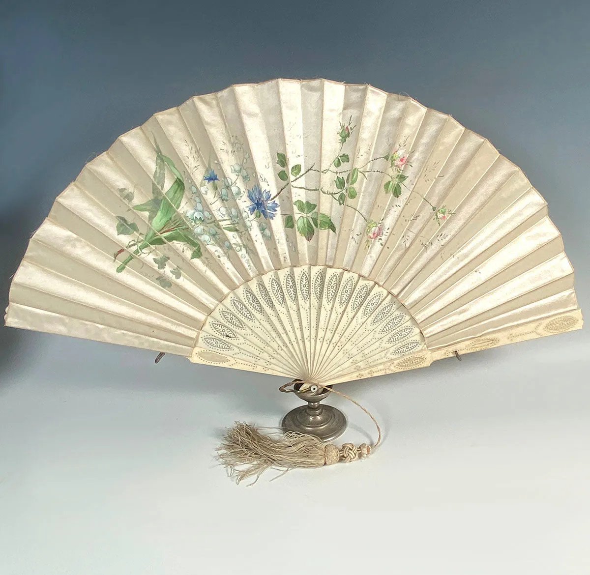 Antique French Hand Painted Silk 27cm Fan, Carved Bone Guard and Sticks, Silk Tassel