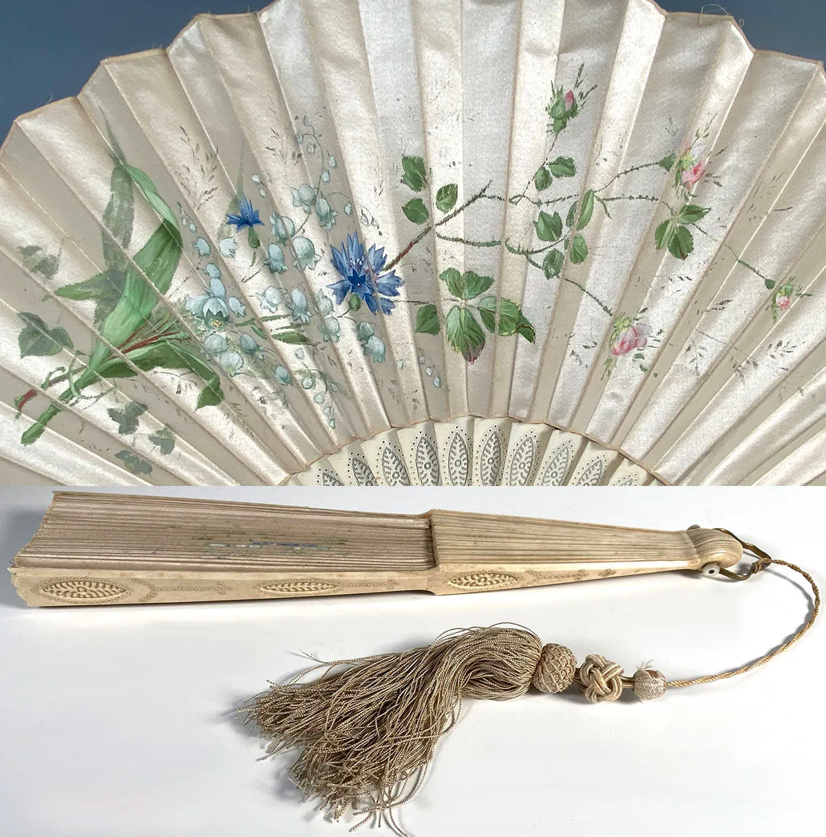 Antique French Hand Painted Silk 27cm Fan, Carved Bone Guard and Sticks, Silk Tassel