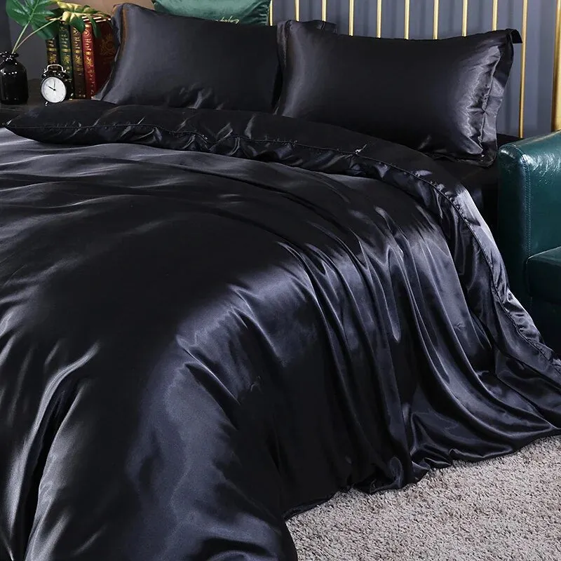 Anyhouz Beddings Black US Full Size 3 Pcs High End Satin Smooth Duvet Cover Set Luxury Polyester Silky Soft Cozy Bedding Set