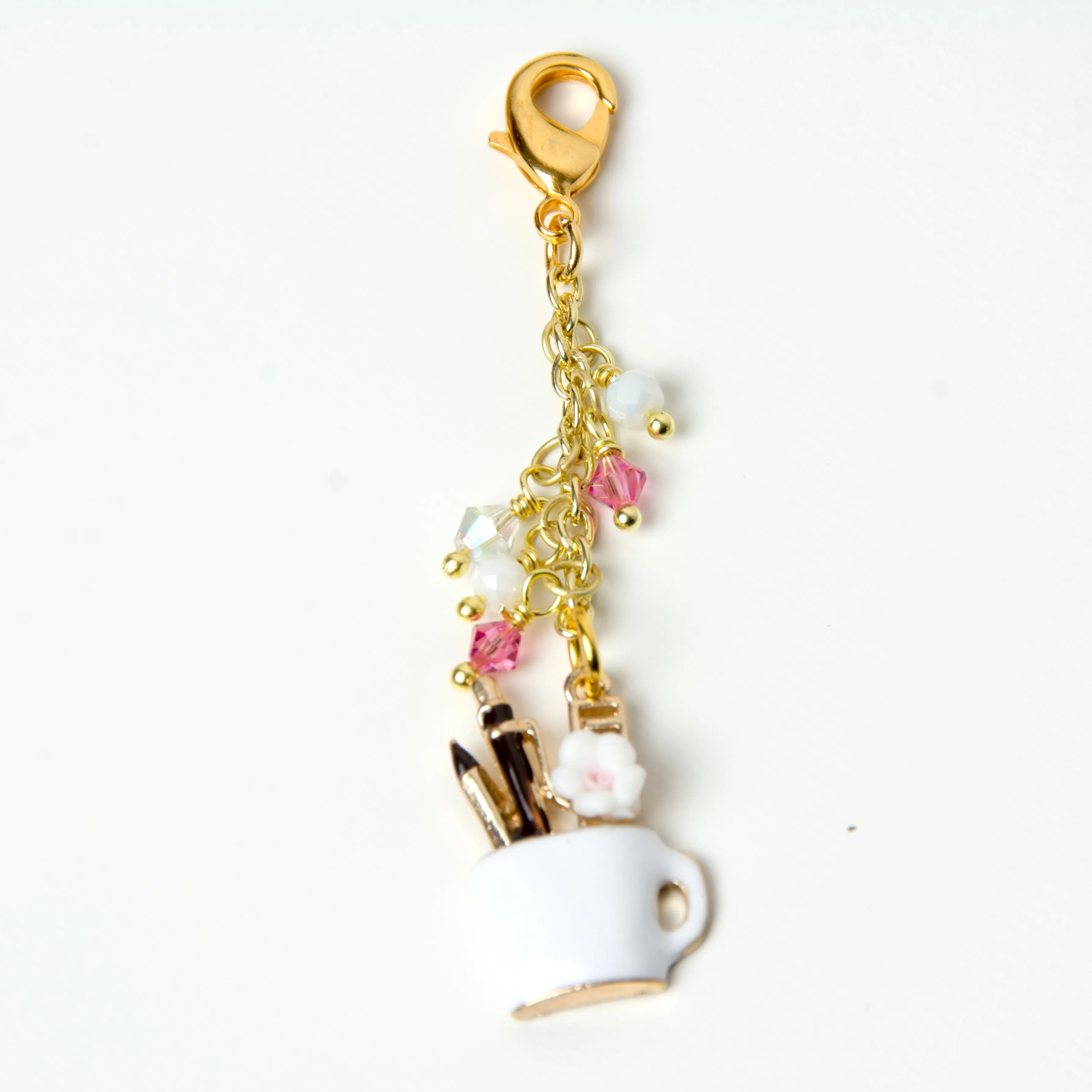 Artist's Coffee Cup Charm with Pink, White and Iridescent Crystals