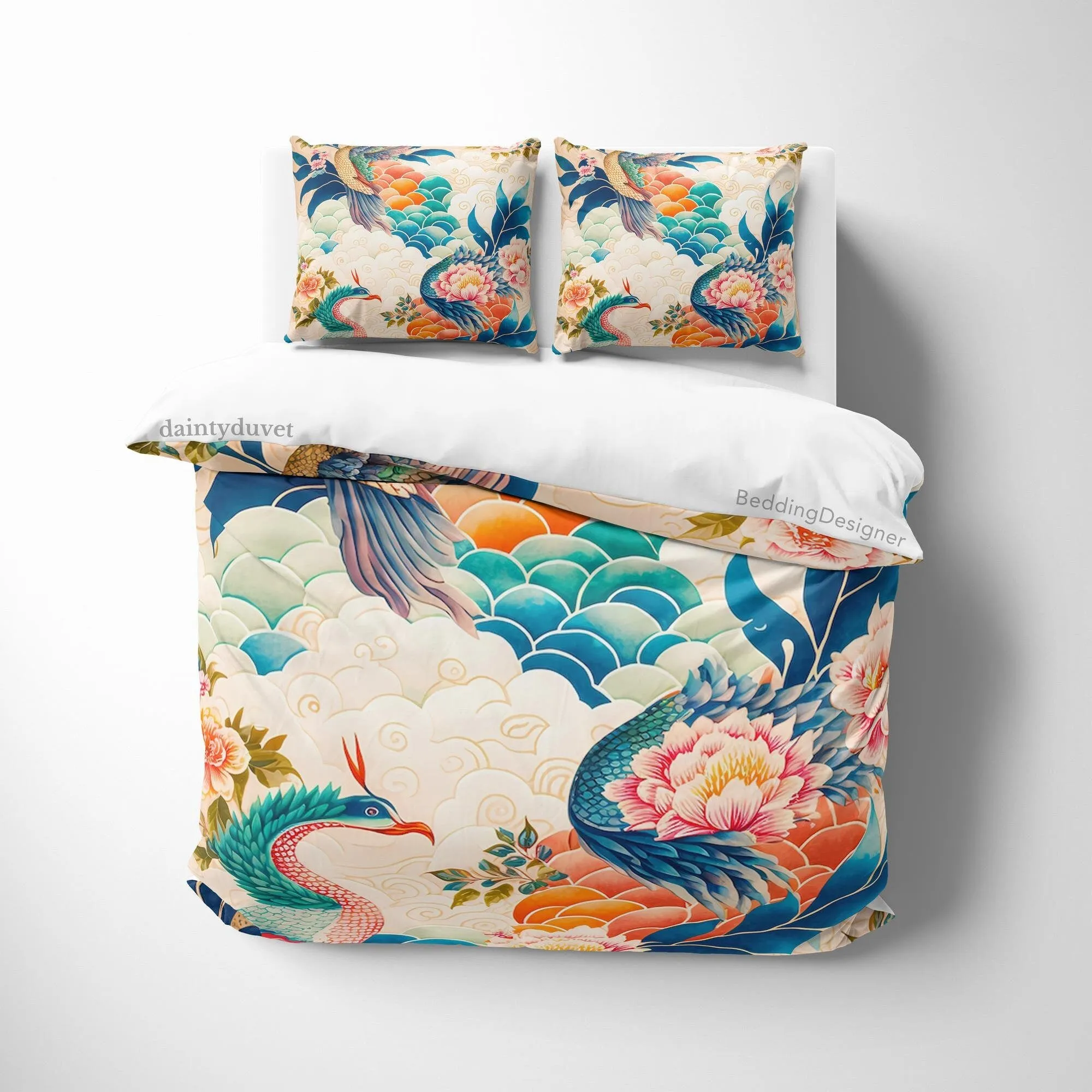 Basan Quilt Cover Japanese Mythical Bird Duvet Cover, Colorful Bedding Set Oriental Pattern Bedspread, Teens Bedroom Blanket Cover