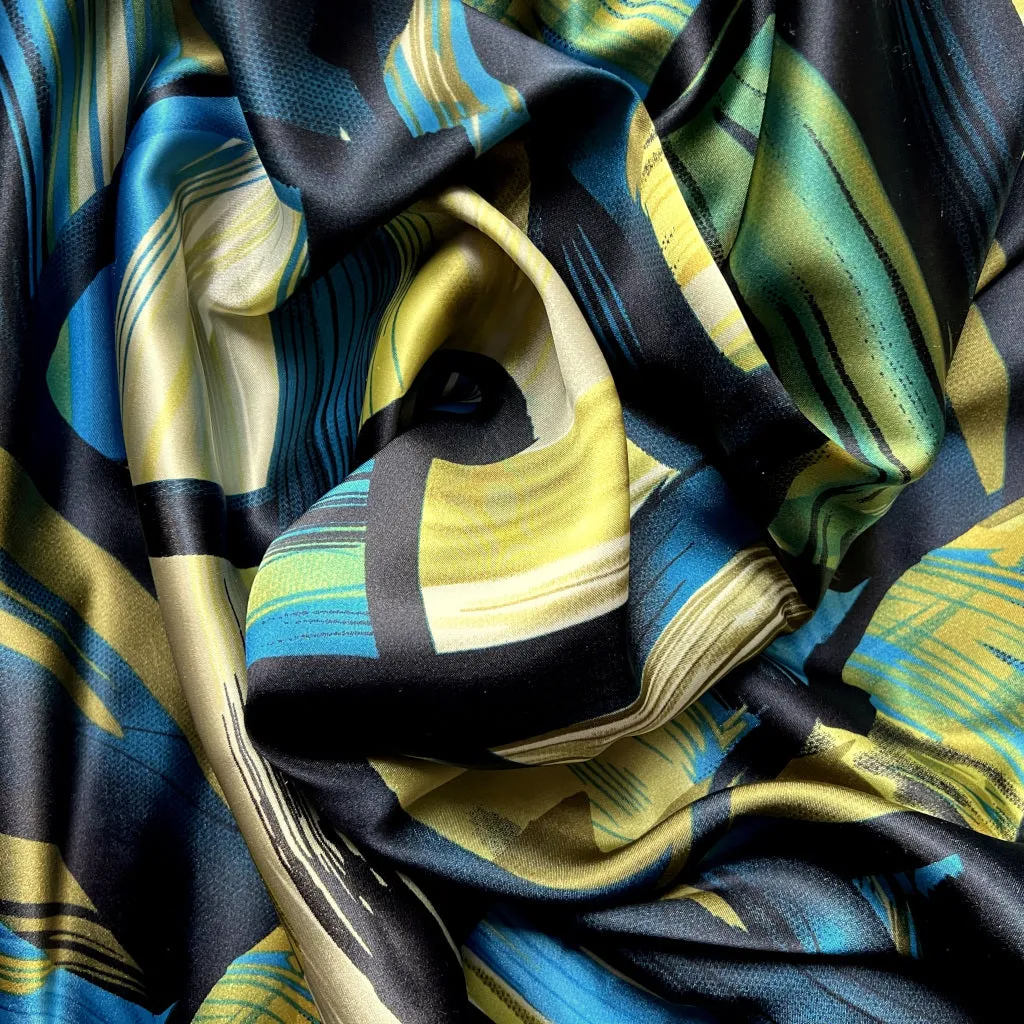 Black, Turquoise Blue, Green and Gold Abstract Print Satin Pillowcase.