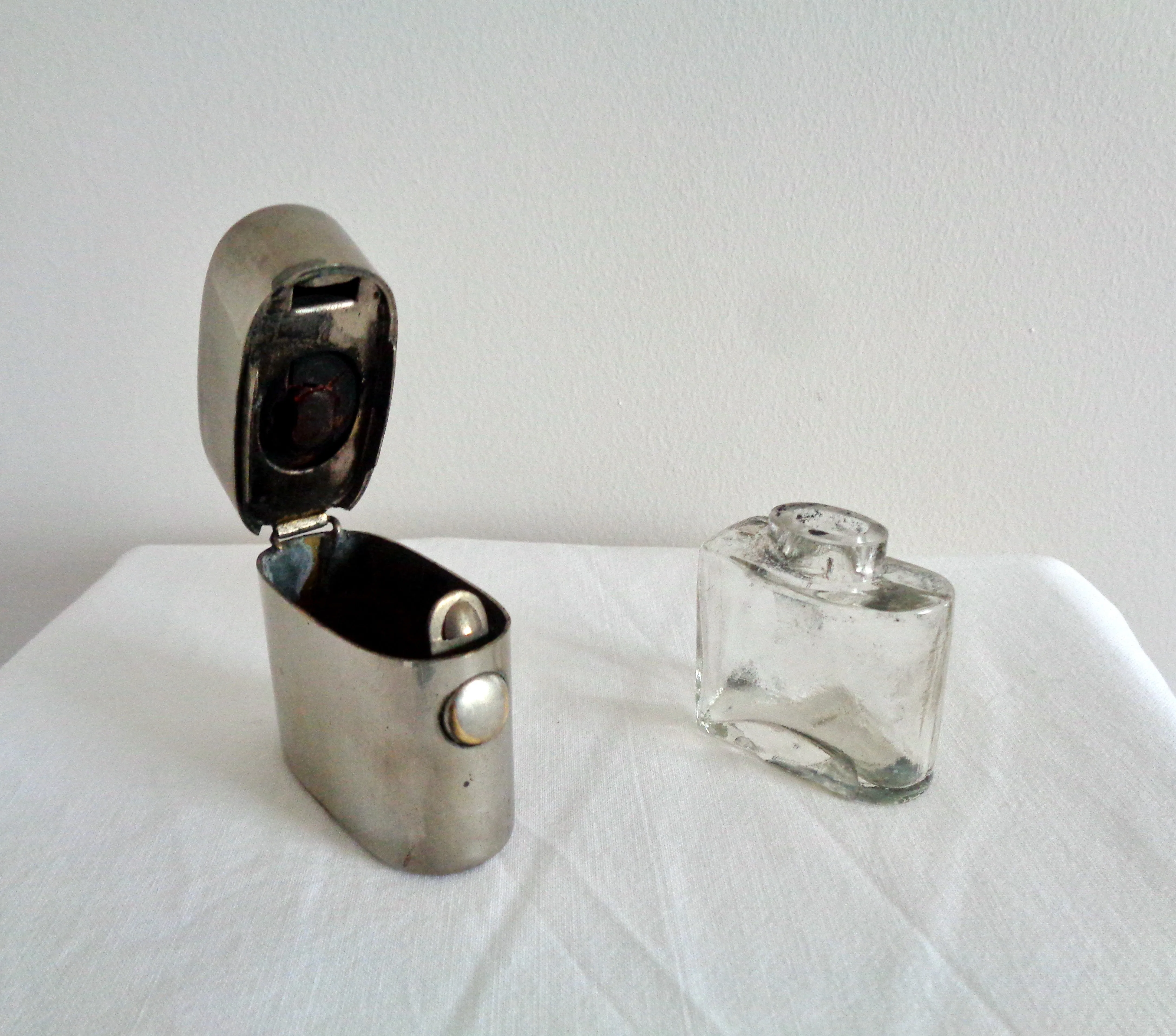 Boer War Metal Lighter Shaped Travelling Inkwell With Glass Insert