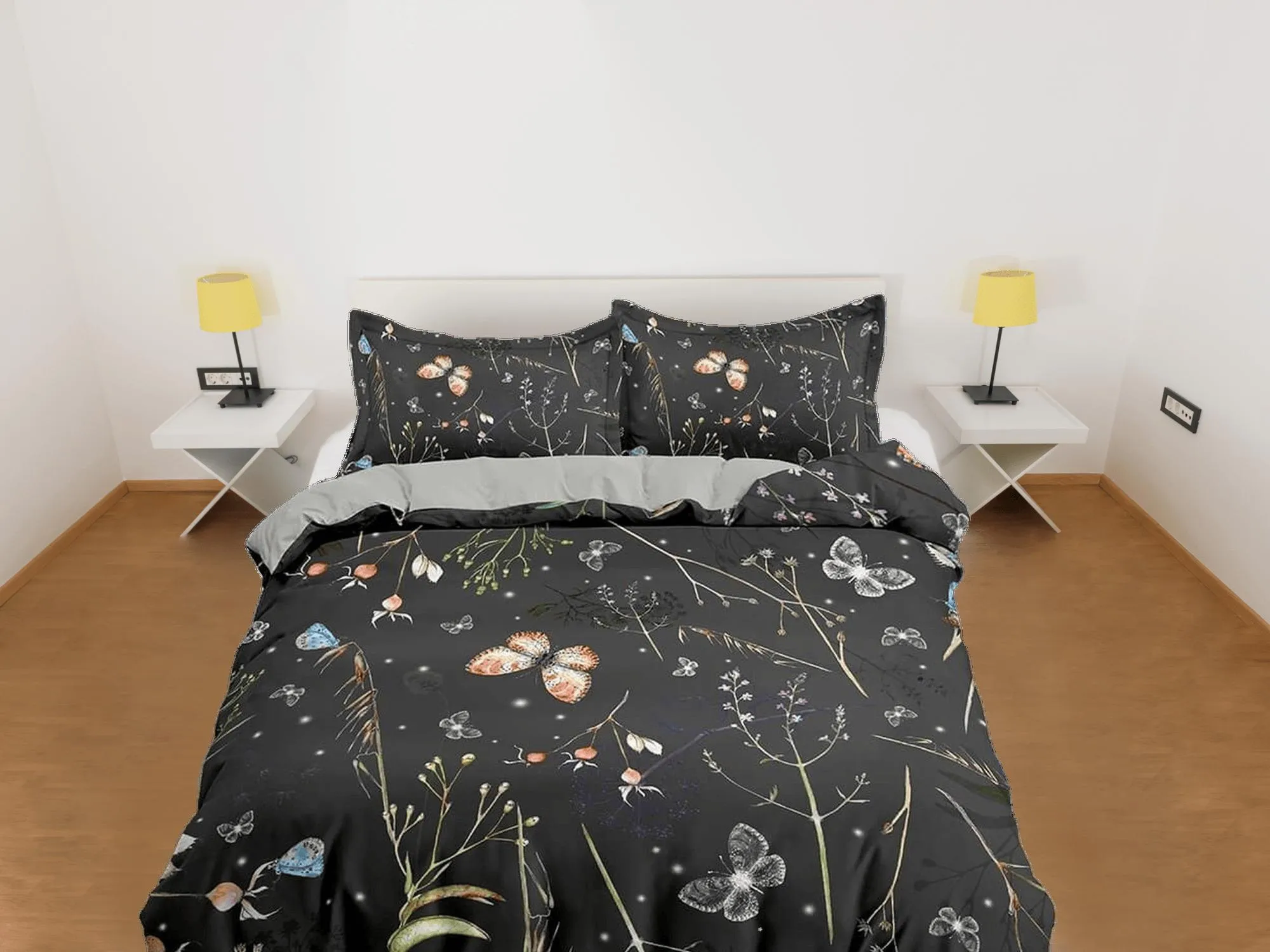 Botanical butterfly bedding black duvet cover colorful dorm bedding, full size adult duvet king queen twin, nursery toddler bedding