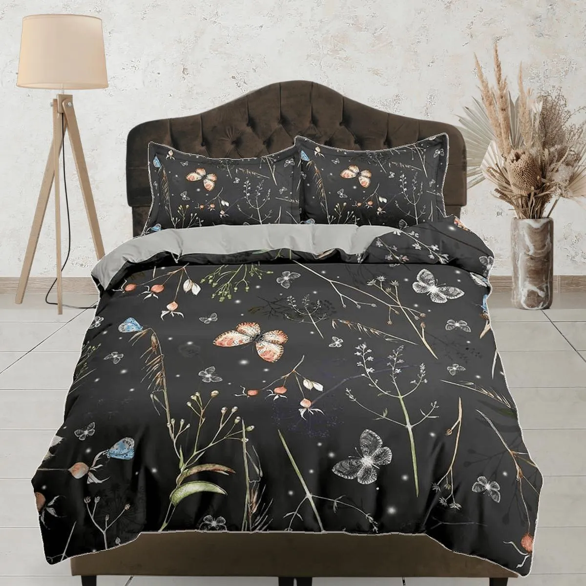 Botanical butterfly bedding black duvet cover colorful dorm bedding, full size adult duvet king queen twin, nursery toddler bedding