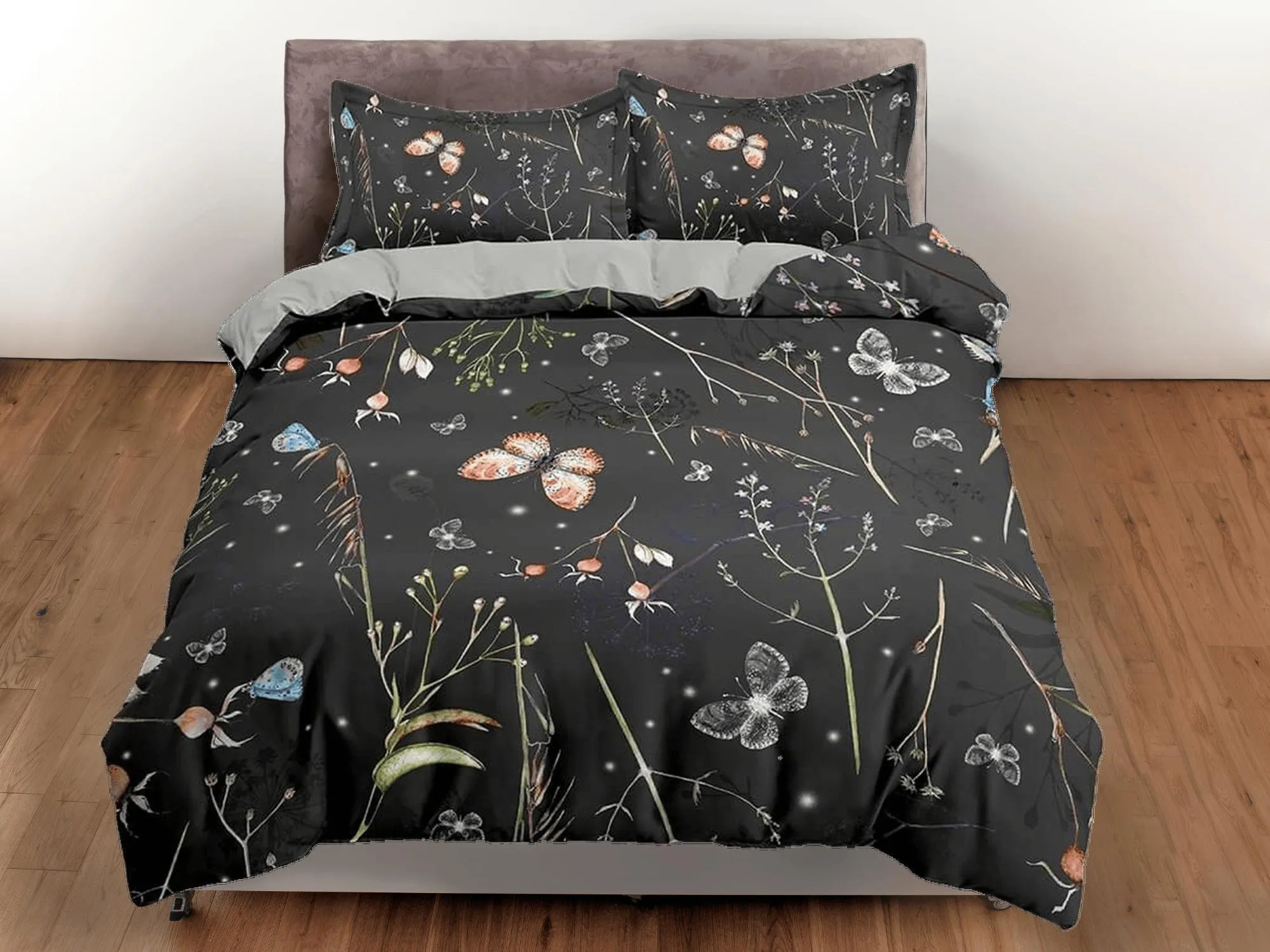 Botanical butterfly bedding black duvet cover colorful dorm bedding, full size adult duvet king queen twin, nursery toddler bedding