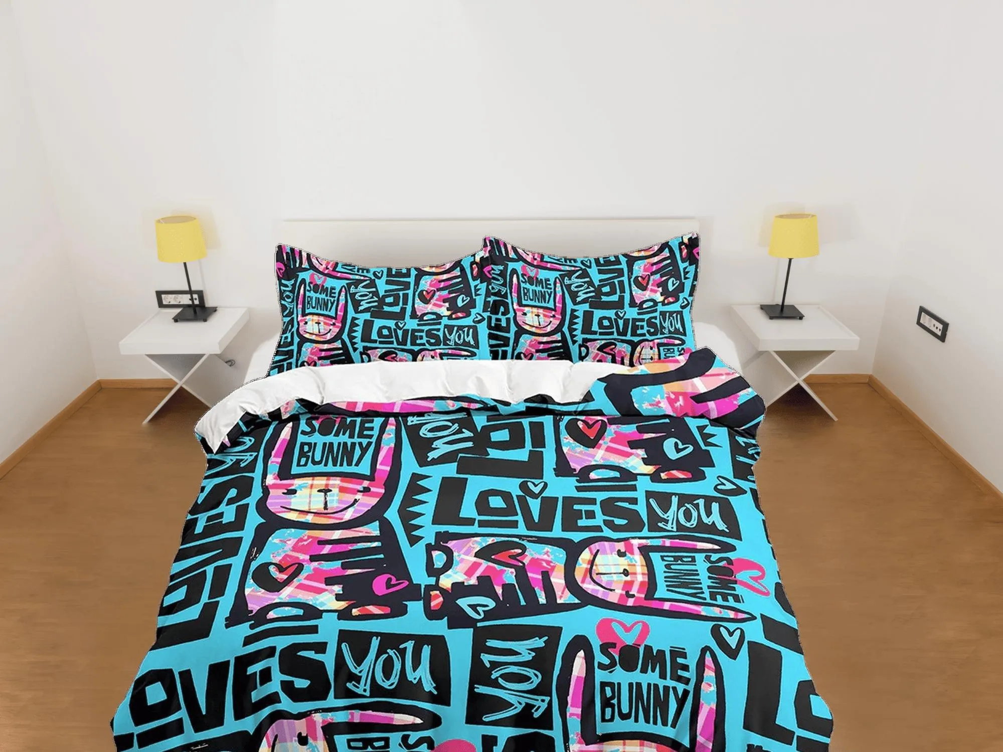 Bunny Loves You Funky Design Bedding, Unique Duvet Cover, Neon Bedding with Pillowcase, Zipper Bedding, King Queen Full Twin