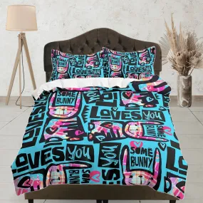 Bunny Loves You Funky Design Bedding, Unique Duvet Cover, Neon Bedding with Pillowcase, Zipper Bedding, King Queen Full Twin