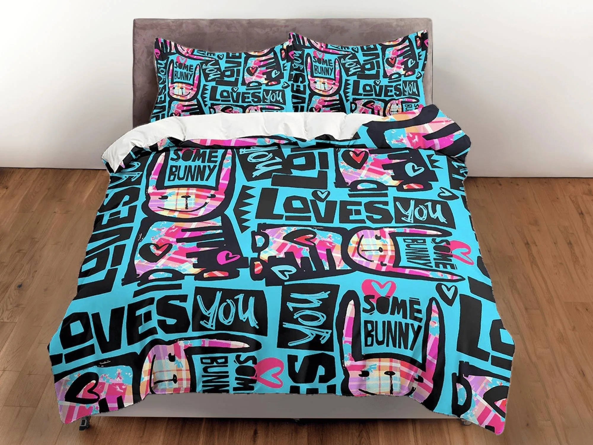 Bunny Loves You Funky Design Bedding, Unique Duvet Cover, Neon Bedding with Pillowcase, Zipper Bedding, King Queen Full Twin