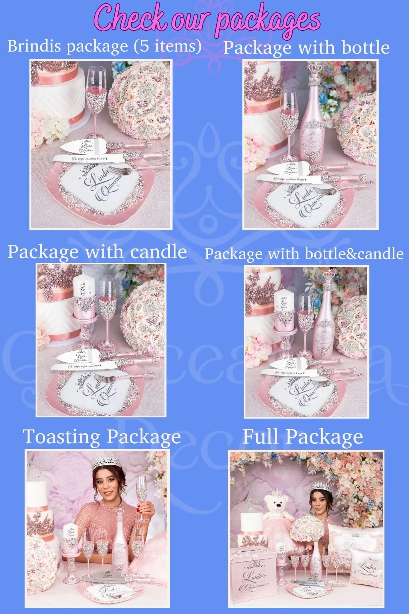 Burgundy Silver Quinceanera brindis package with bottle and candle