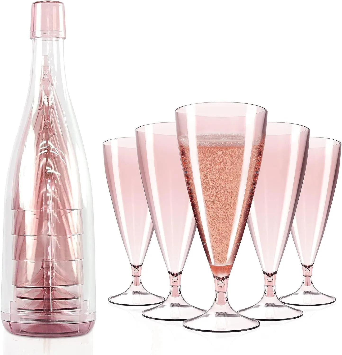 Cartxomy Foldable Plastic Champagne Wine Glasses Set of 5, Reusable, Foldable Wine Glasses with Storage Bottles, Easy to Carry, Suitable for Outdoor, Camping, and Travel, Each 6.5 Ounce Pink.