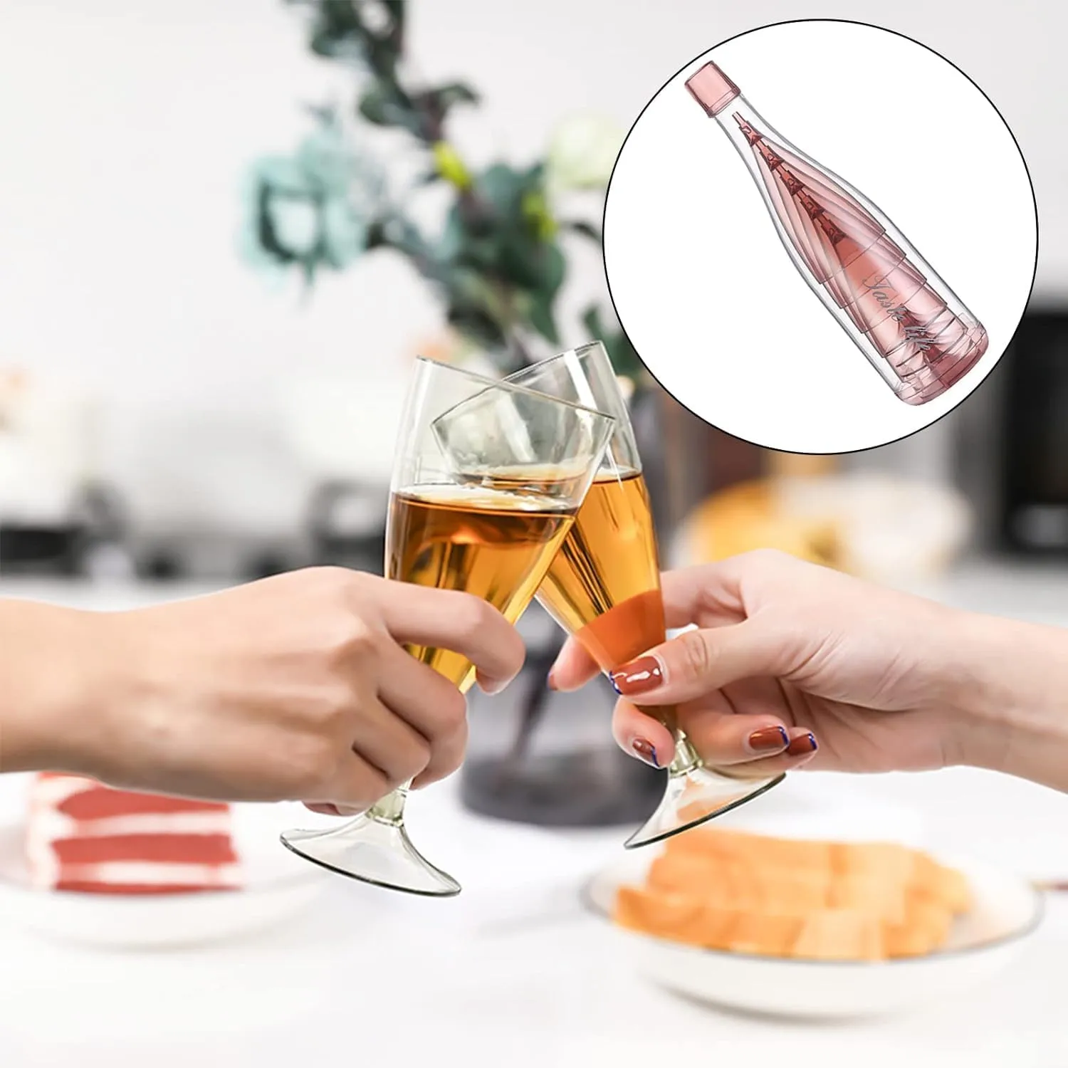 Cartxomy Foldable Plastic Champagne Wine Glasses Set of 5, Reusable, Foldable Wine Glasses with Storage Bottles, Easy to Carry, Suitable for Outdoor, Camping, and Travel, Each 6.5 Ounce Pink.