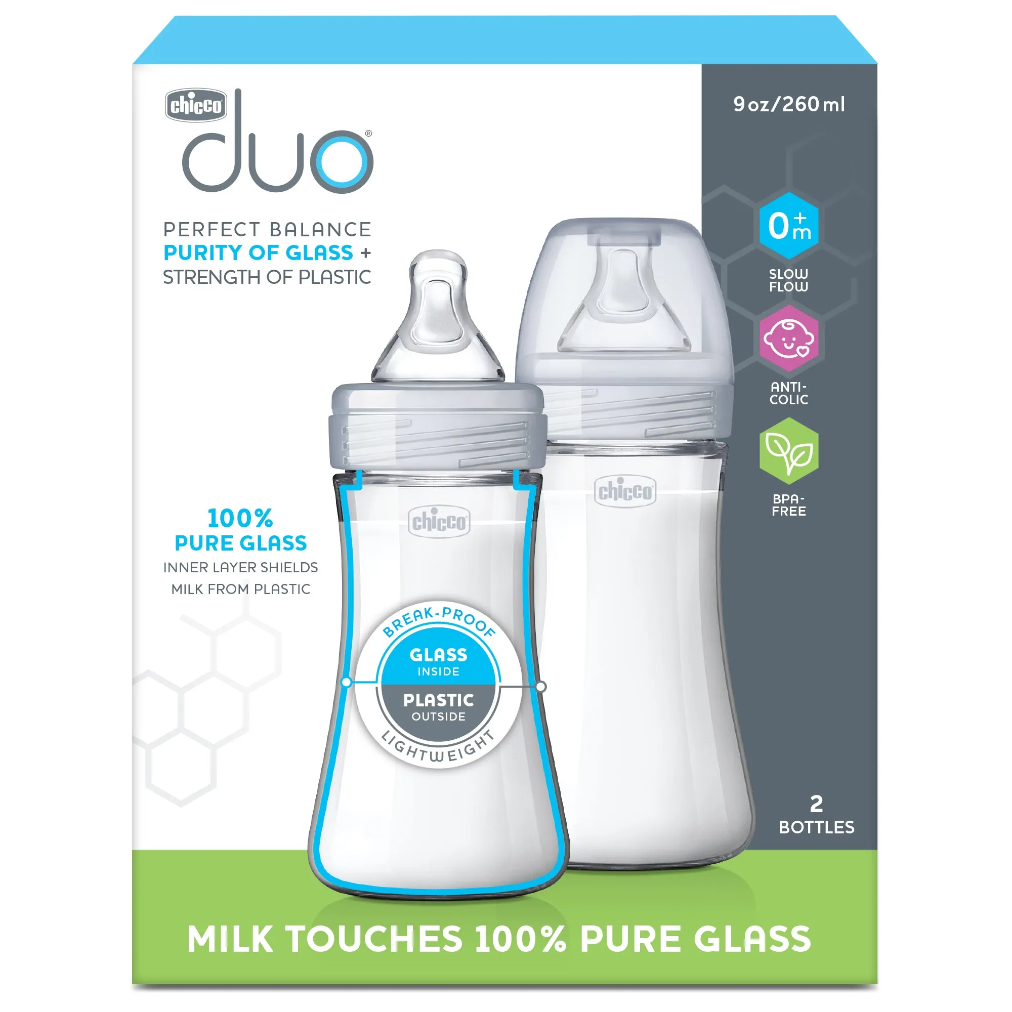 Chicco Duo 9oz. Hybrid Baby Bottle with Invinci-Glass Inside/Plastic Outside 2-Pack