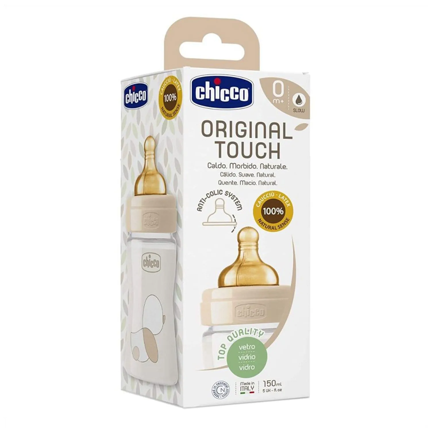 CHICCO ORIGINAL TOUCH GLASS BOTTLE 150ML SLOW FLOW 0M  LATEX NEUTRAL