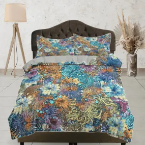 Chrysanthemum colorful floral duvet cover queen, king, boho duvet, designer bedding, aesthetic bedding, maximalist full size bedding