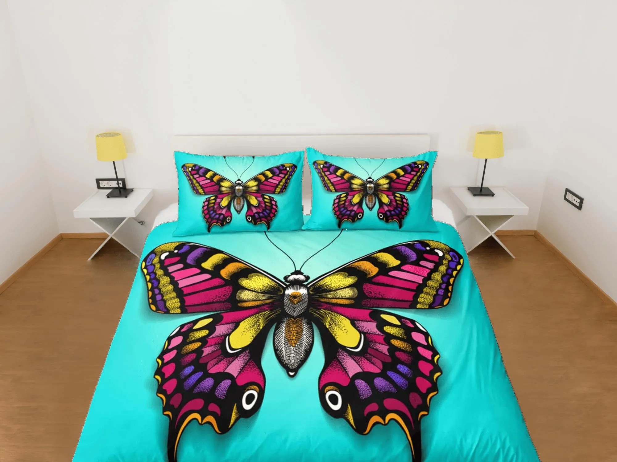 Colorful butterfly bedding aqua cyan duvet cover dorm bedding, full size adult duvet king queen twin, butterfly nursery toddler bedding