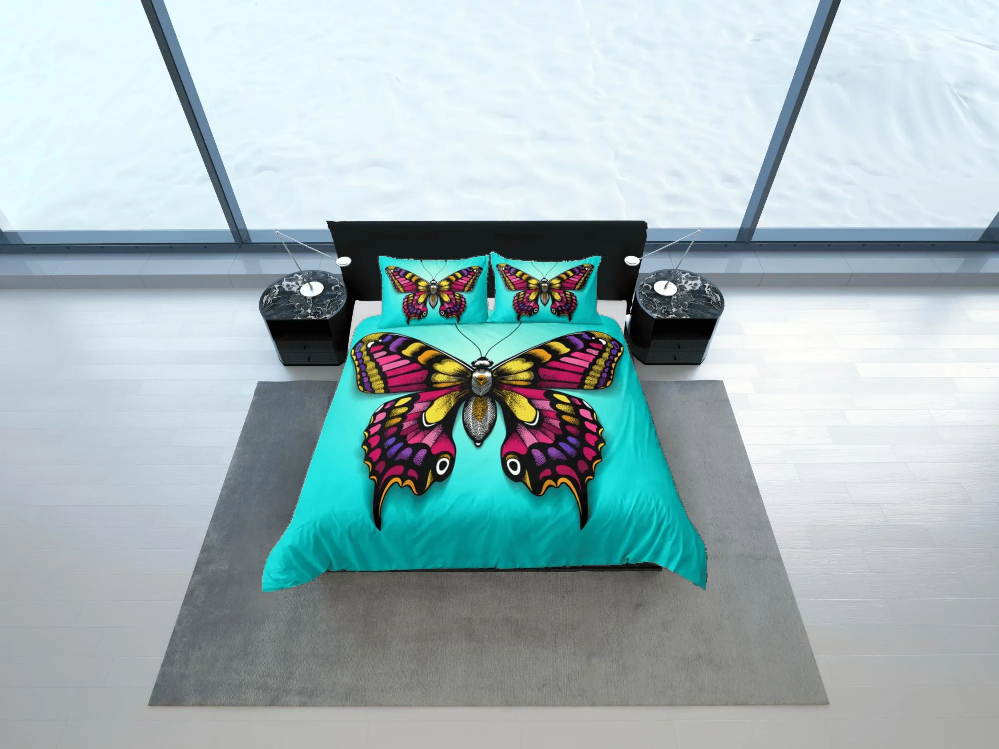 Colorful butterfly bedding aqua cyan duvet cover dorm bedding, full size adult duvet king queen twin, butterfly nursery toddler bedding