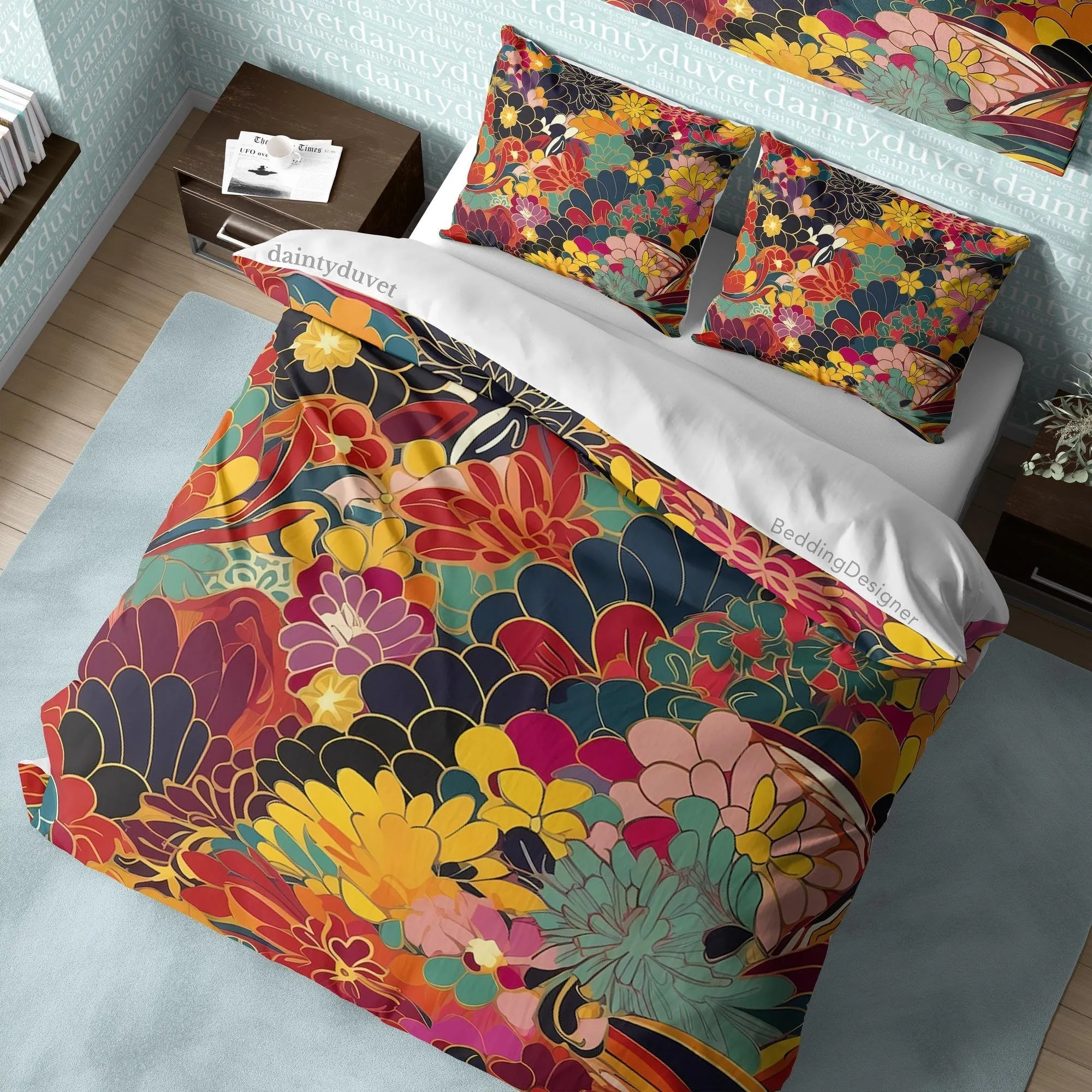 Colorful Flower Duvet Cover, Dahlia Quilt Cover Chrysanthemum Bedding Set Camellia Bedspread, Bright Color Blanket Cover Red Bed Cover