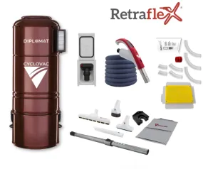 Combo Retraflex - Central vacuum H925 Diplomat Hybrid with 1 Retraflex retractable hose inlet including attachments and the installation kit (40Ft,50Ft Hose)