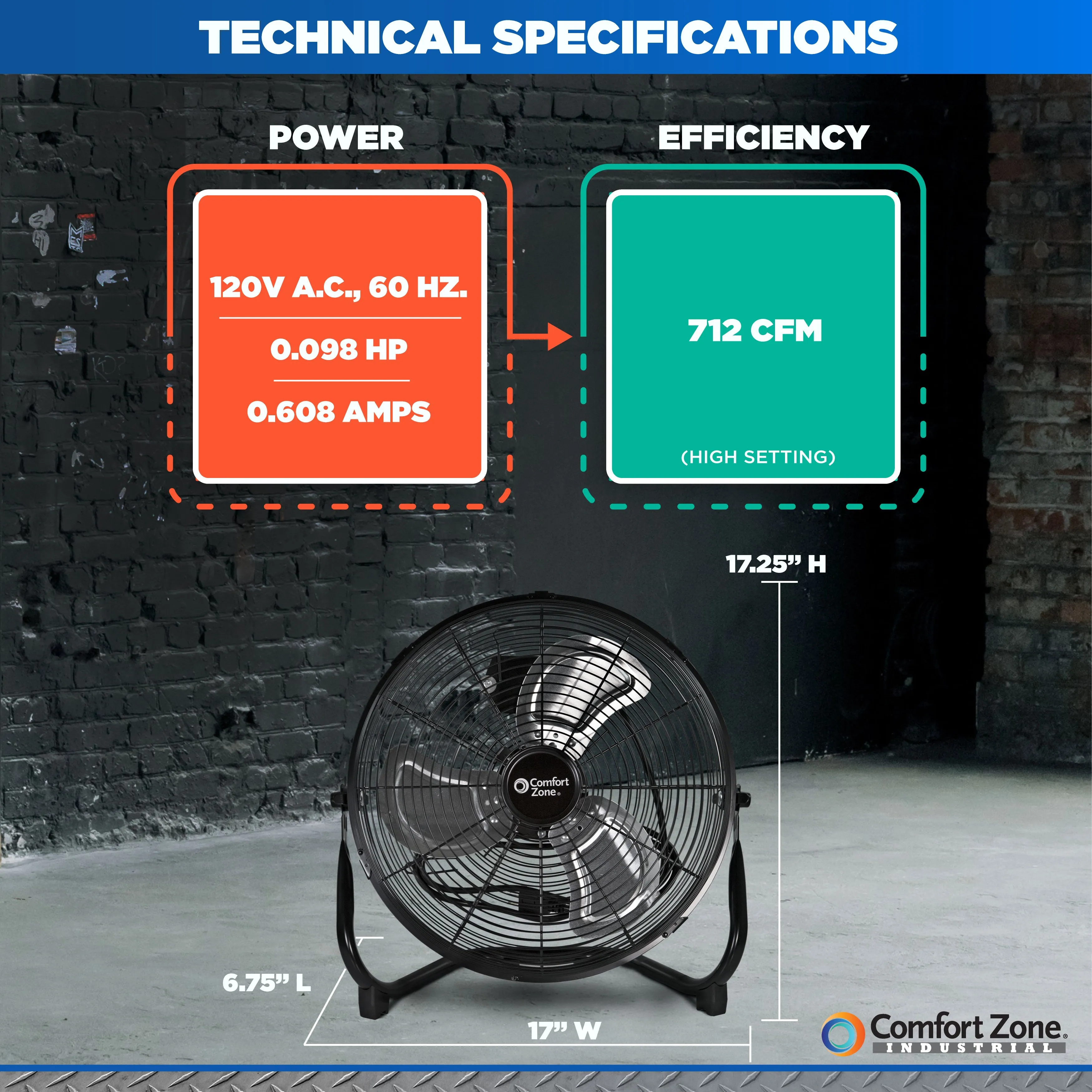 Comfort Zone 14" High-Velocity 3-Speed Floor Fan in Black