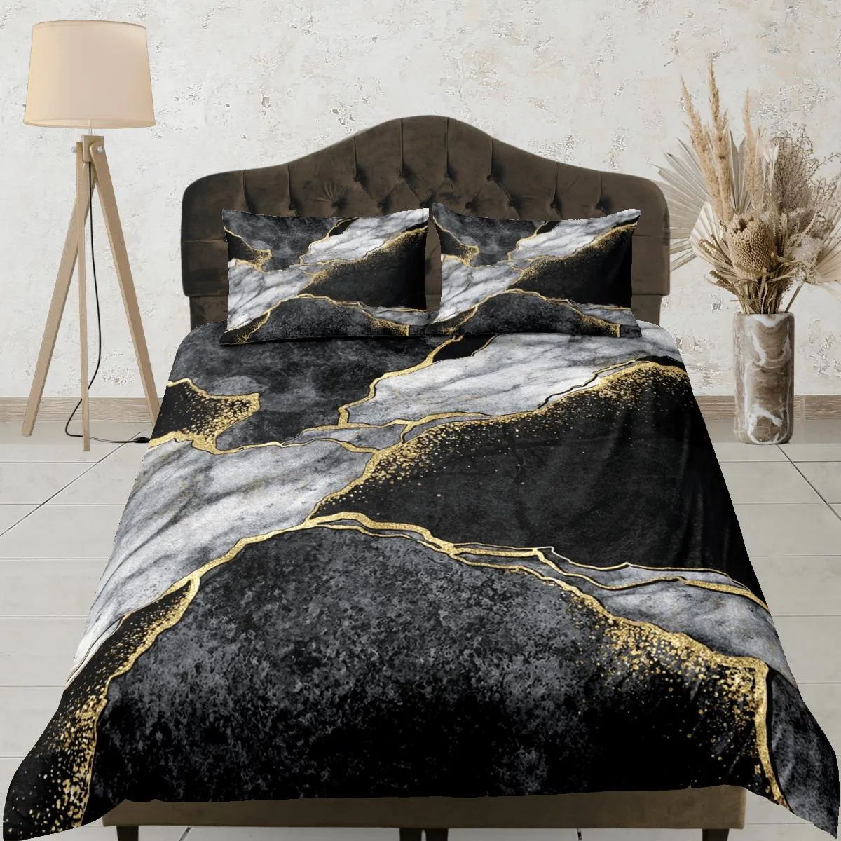 Contemporary bedroom set black aesthetic duvet cover, luxury duvet gold marble abstract art room decor boho chic bedding set full king queen