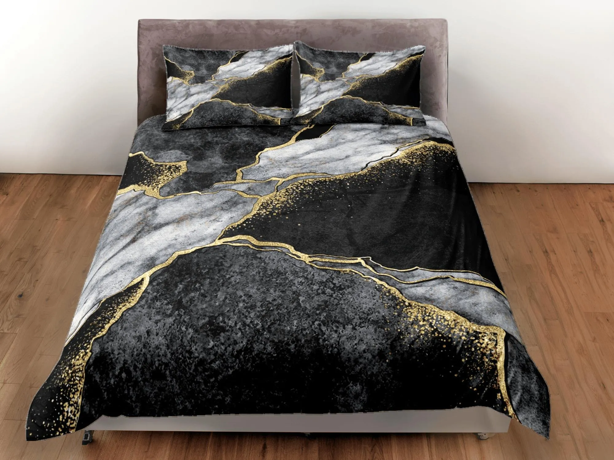 Contemporary bedroom set black aesthetic duvet cover, luxury duvet gold marble abstract art room decor boho chic bedding set full king queen