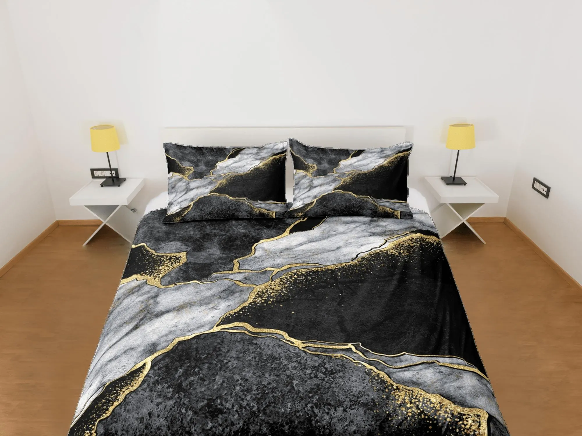 Contemporary bedroom set black aesthetic duvet cover, luxury duvet gold marble abstract art room decor boho chic bedding set full king queen